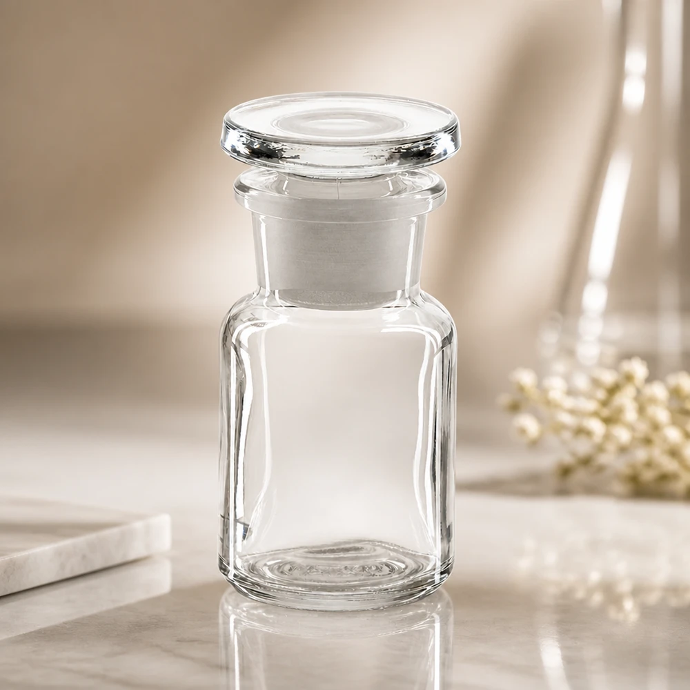 Compacte, doorzichtige glazen fles met brede hals, 50 ml, met ingeslepen stop, voor kruiden en oliën