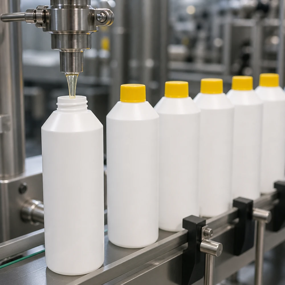 Geautomatiseerde afvulling van farmaceutische kunststof flesjes van 250 ml – productielijn
