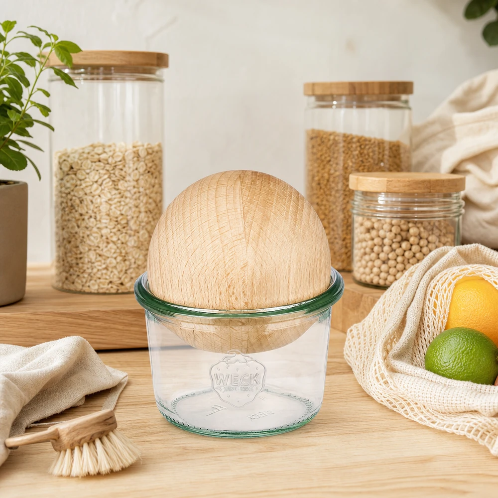 WECK 80ml RR60 bekers met beukenhouten bol in duurzame zero-waste keuken met voorraadpotten en jutezak