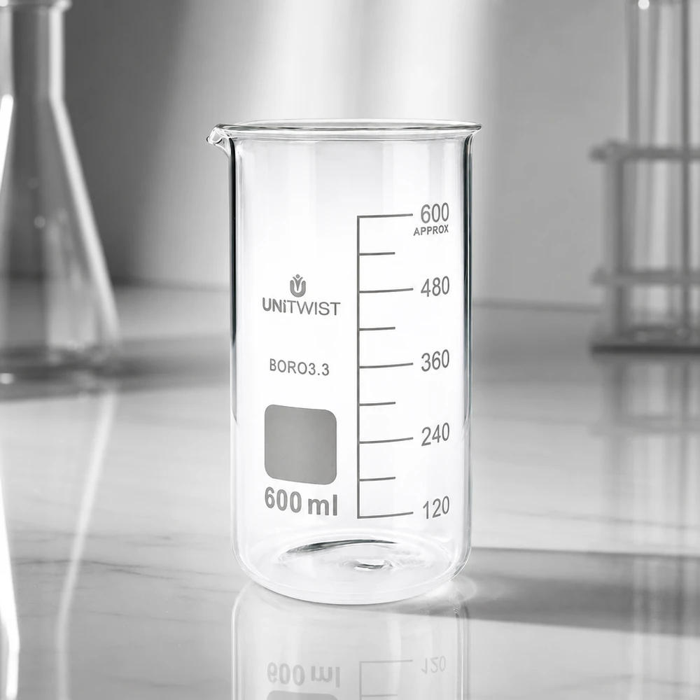 Becherglas 600 ml UNITWIST, hoog model, hittebestendig borosilicaatglas met witte schaalverdeling