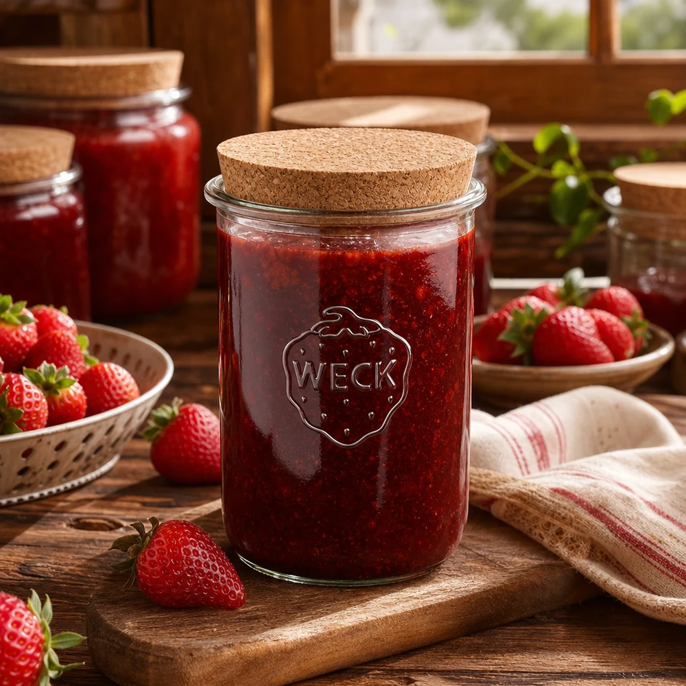 WECK bekers 1000ml RR100 met kurken deksel gevuld met aardbeienjam omringd door verse aardbeien rustieke keuken