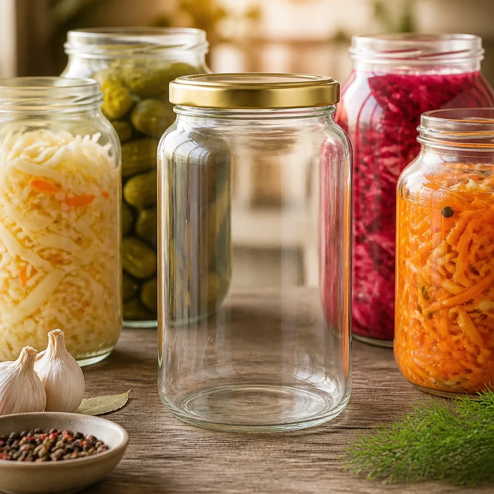1700ml BasicSeal gouden ronde pot omringd door kleurrijke fermentatiepotten met ingemaakte groenten op een rustieke houten tafel