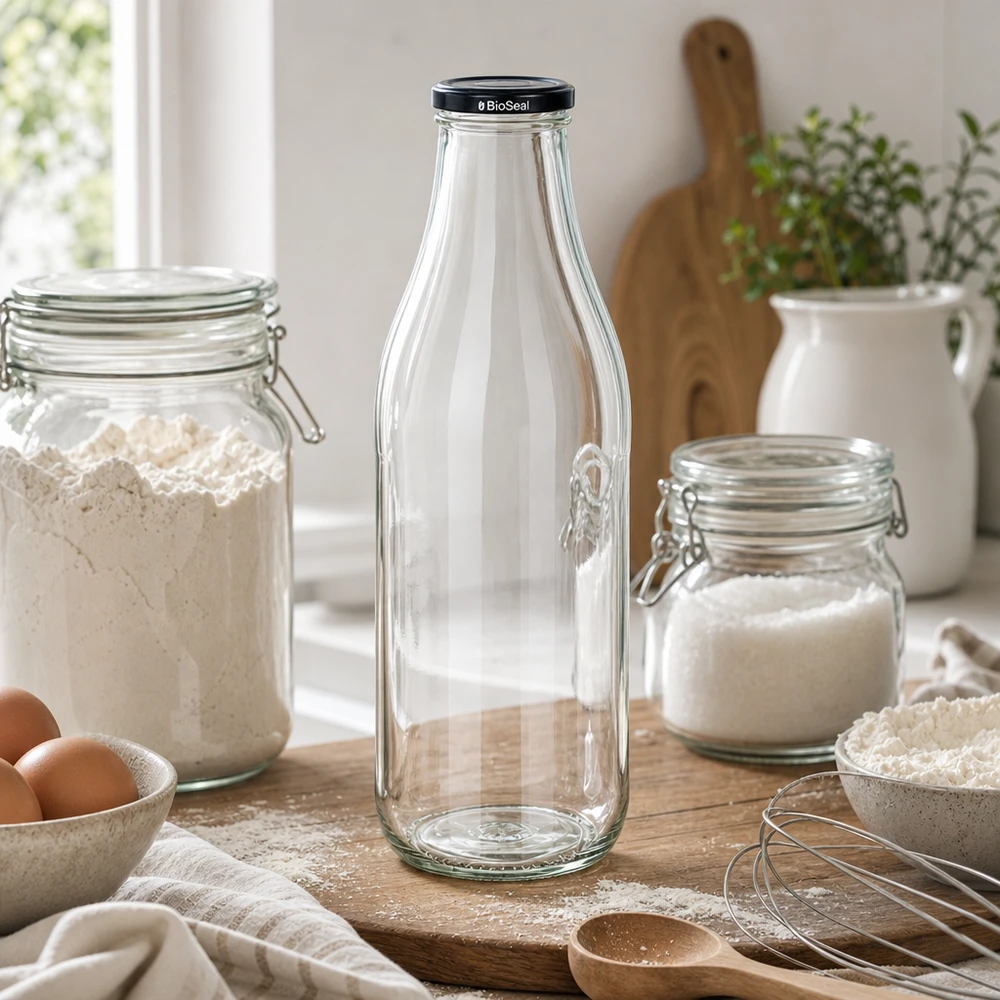1000ml glazen fles met BioSeal deksel in keuken tussen voorraadpotten bloem suiker keukengerei lifestyle