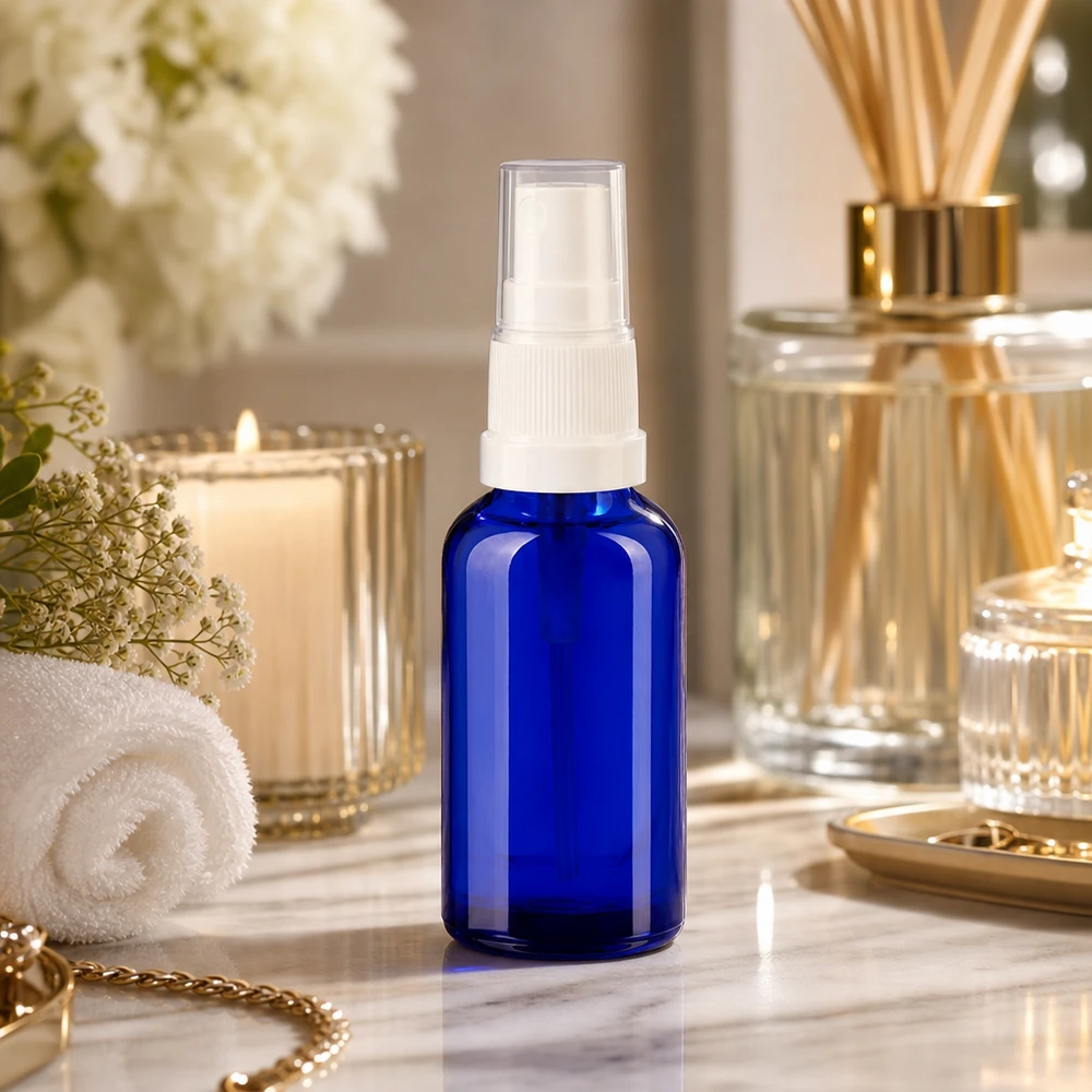 30ml Spuitfles wit/tr. STD BlueLine UT18/30 Robuuste glazen fles van 30 ml met spuitpomp in transparant wit voor een langdurige schoonheidsroutine