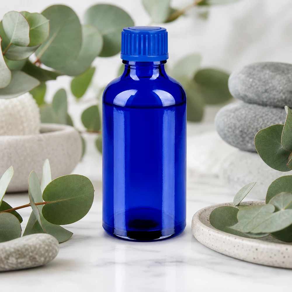 Glazen fles 50ml BlueLine serie met mat oppervlak en kindveilige dop