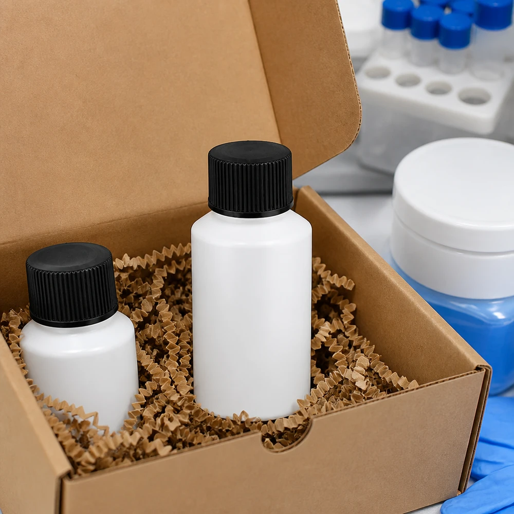 Verzendklare witte HDPE-farmaceutische fles van 50 ml met zwarte dop, verpakt in een beschermende bruine kartonnen verpakking