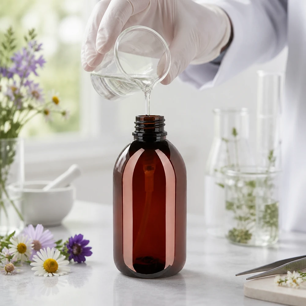 250 ml PET medicijnfles met wit dispenserpomp, standaard Robuste 250ml PET Flasche bernsteinfarben mit weisser Pumpe für Naturkosmetik Herstellung