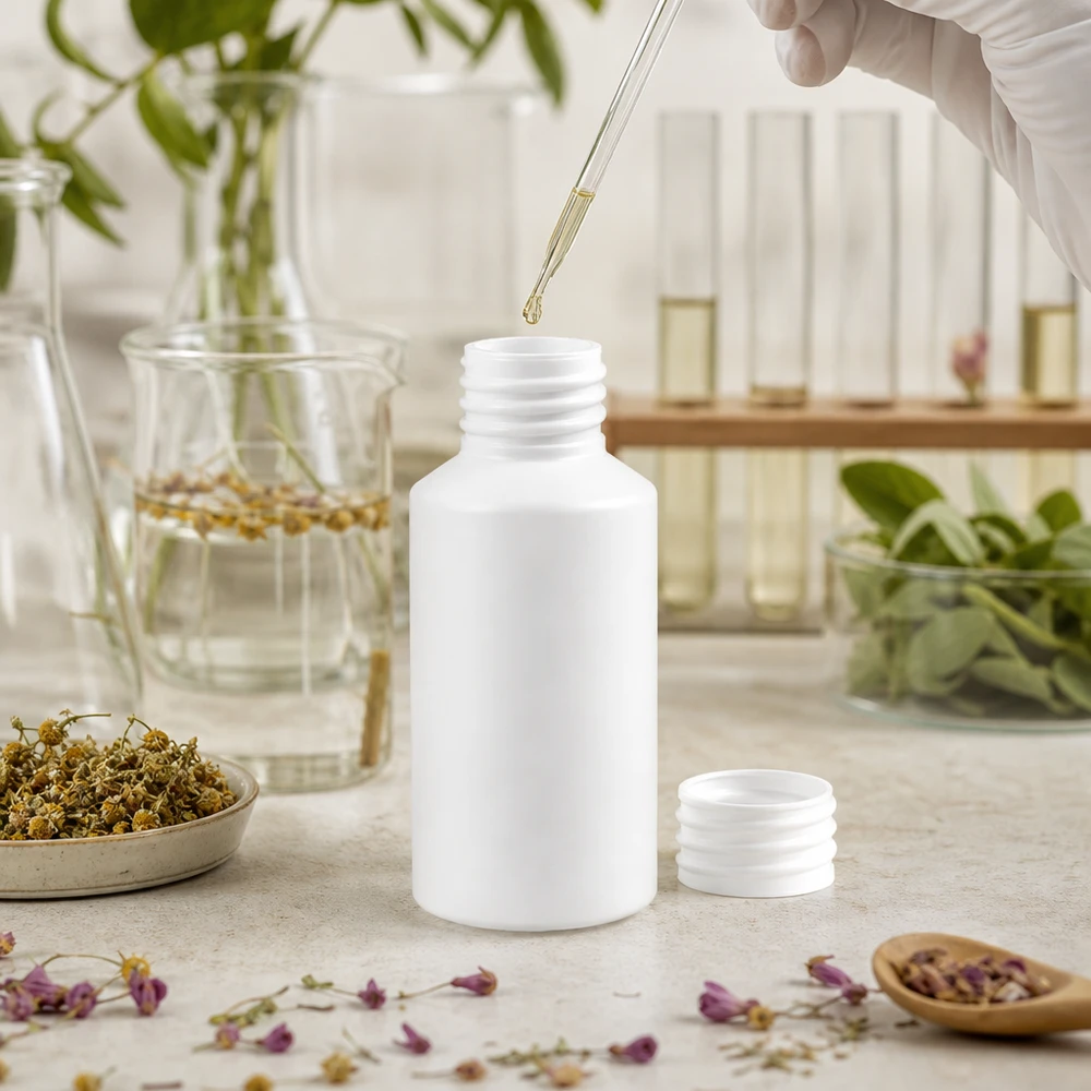 PET cilinderfles 50ml wit, S20x3, zonder sluiting 50 ml apotheekflesje van HDPE, wit, zonder deksel, omringd door geneeskrachtige kruiden en etherische oliën