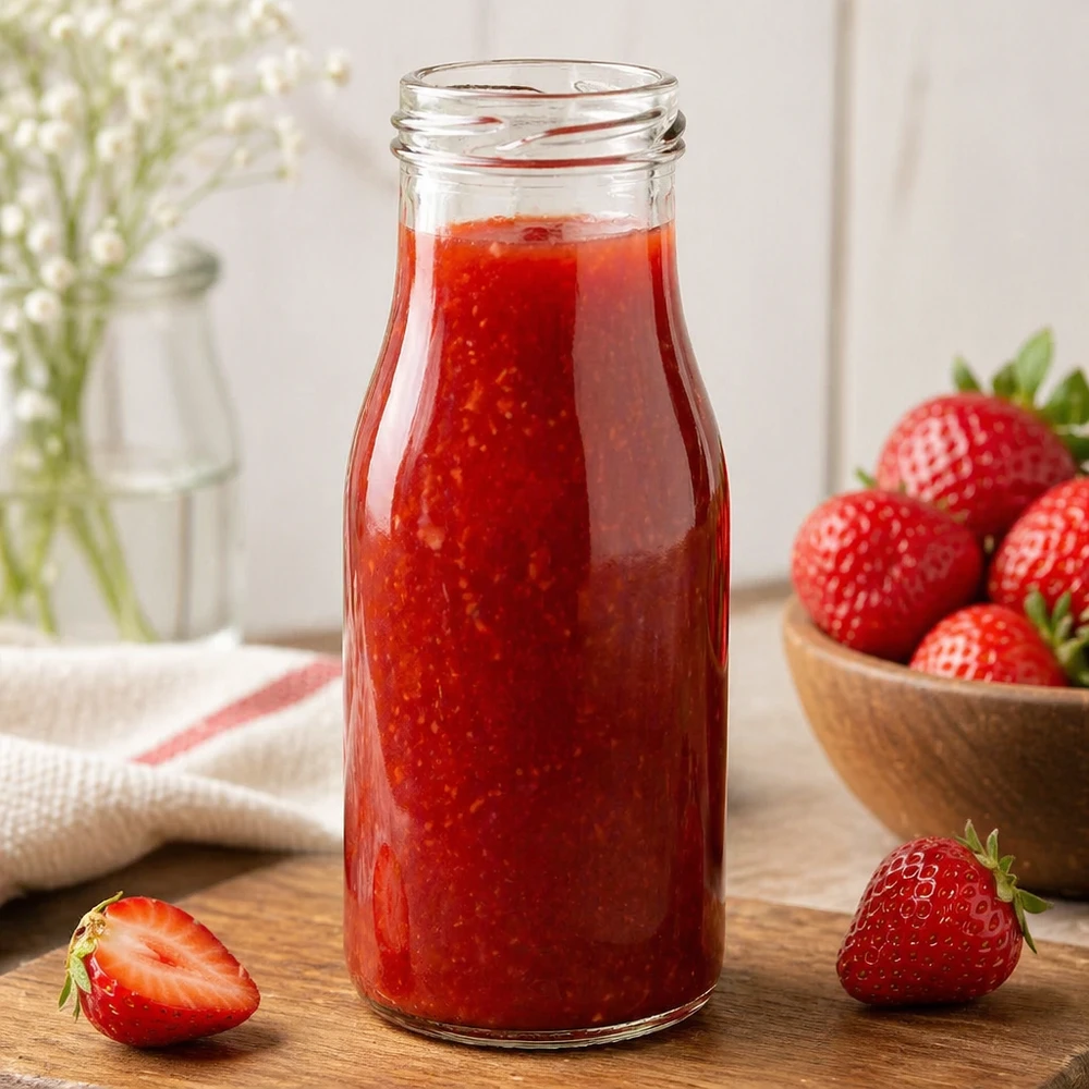 UNiTWIST Bottle150 Glazen fles 150ml TO43 gevuld met aardbeiensap naast verse aardbeien op houten tafel