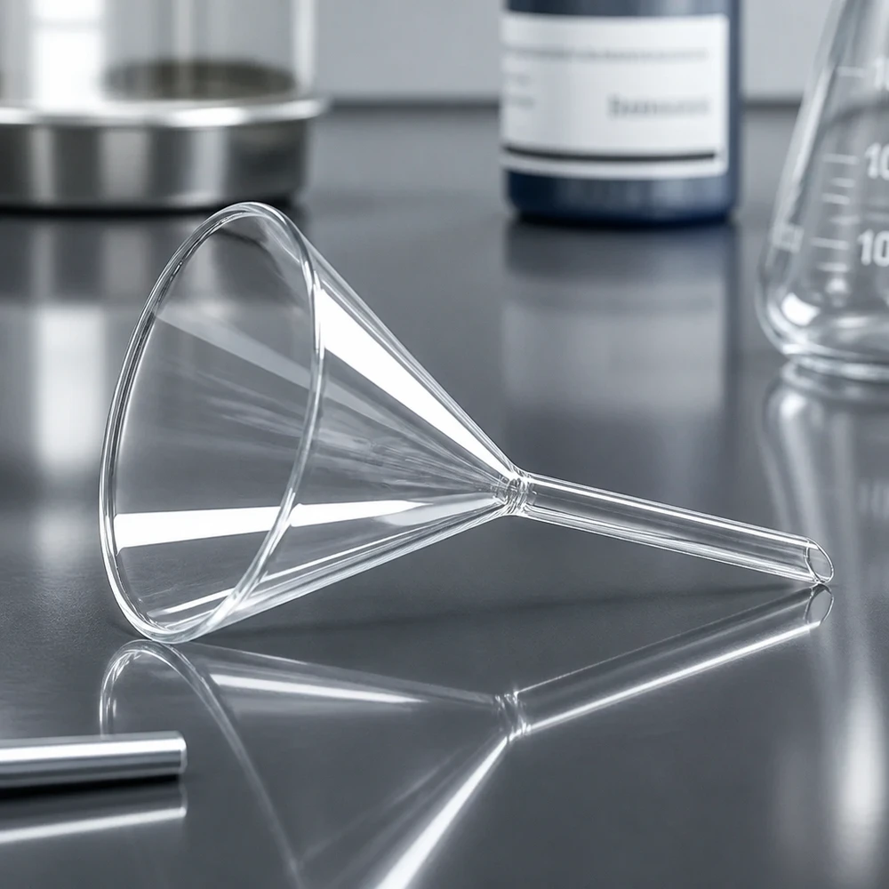 Doorzichtige glazen trechter van 80 mm met een hoek van 60° voor nauwkeurig overgieten in een laboratoriumomgeving
