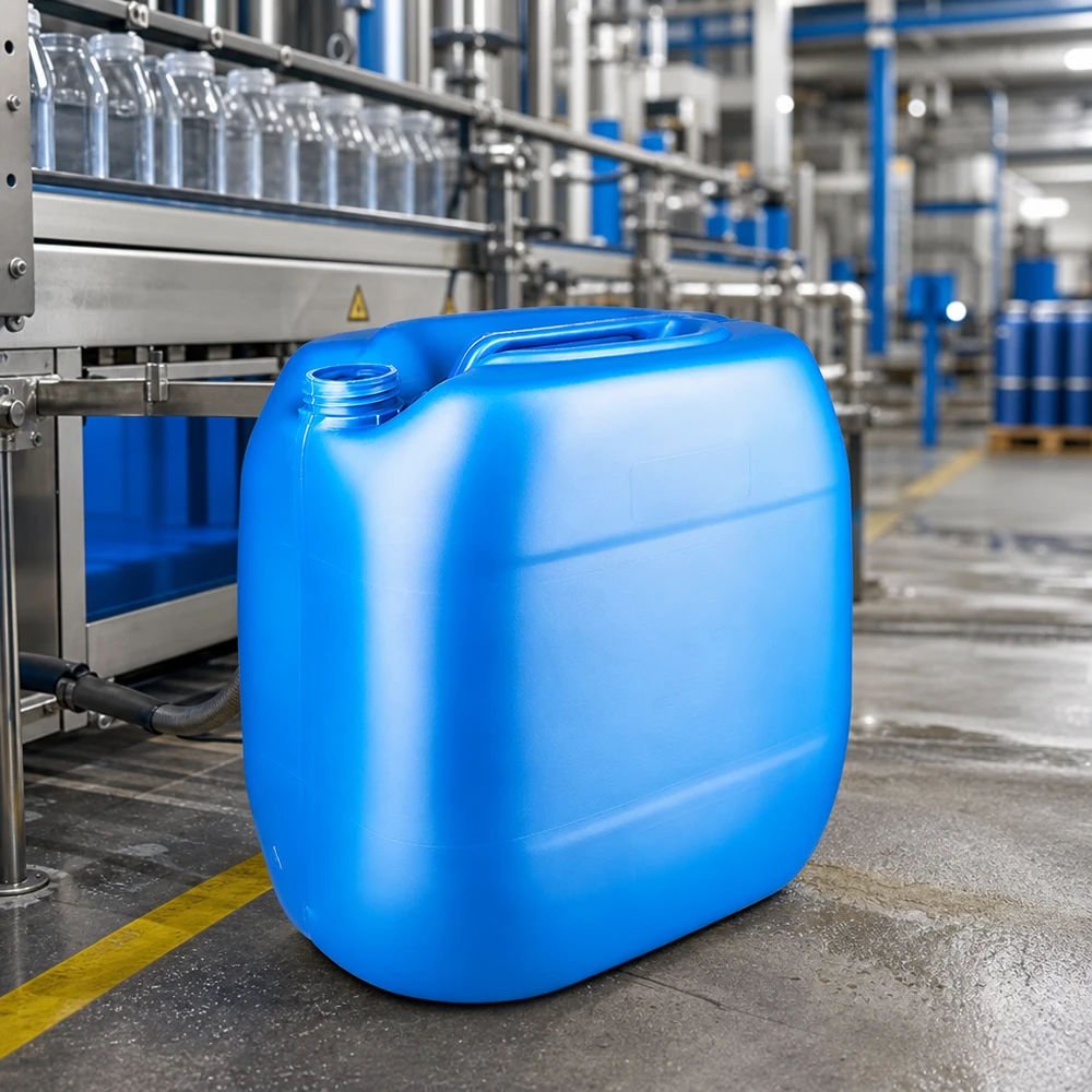 Rechthoekige industriële jerrycan van 30 liter, blauw, zonder deksel, met geïntegreerd handvat