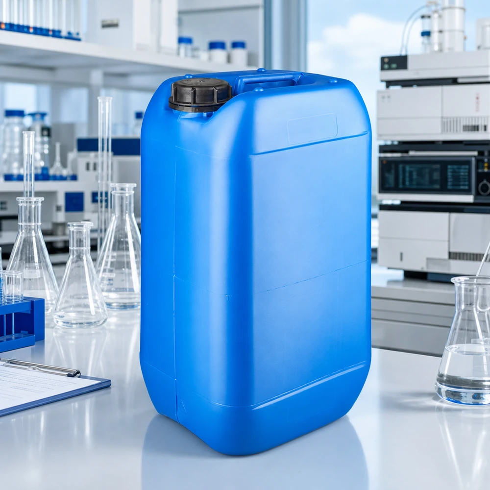Stapelbare kunststof jerrycan van 15 liter, blauw, met verzegeling voor chemicaliën