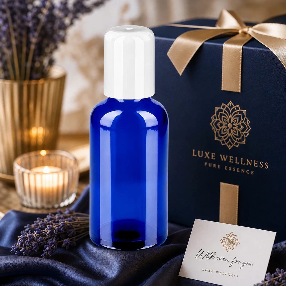50ml rolfles wit STD BlueLine UT18/50 50 ml glazen BlueLine-rolfles met stevige witte dop voor duurzaamheid