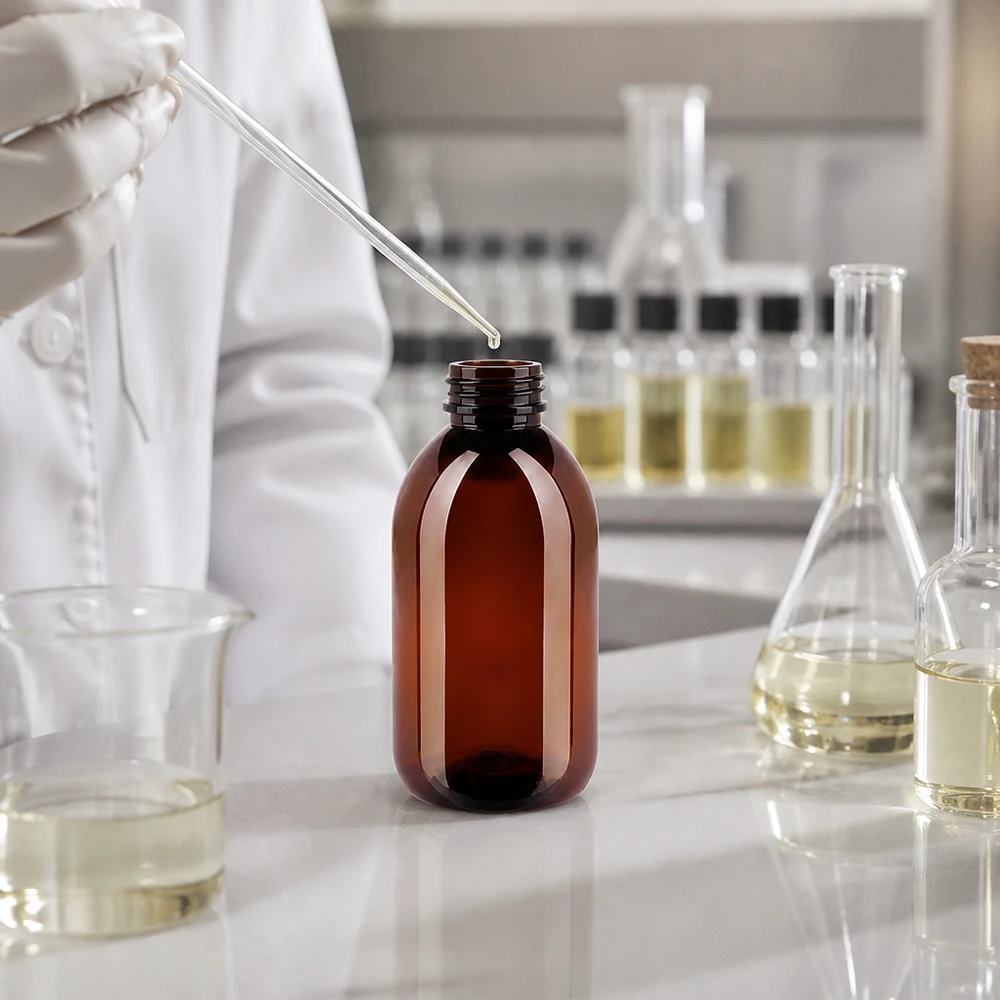 50 ml PET medicijnfles met verstuiver zwart GCMI 28/410 incl. dop transparant, standaard Een bruine PET-fles van 250 ml vullen met etherische olie met behulp van een glazen pipet