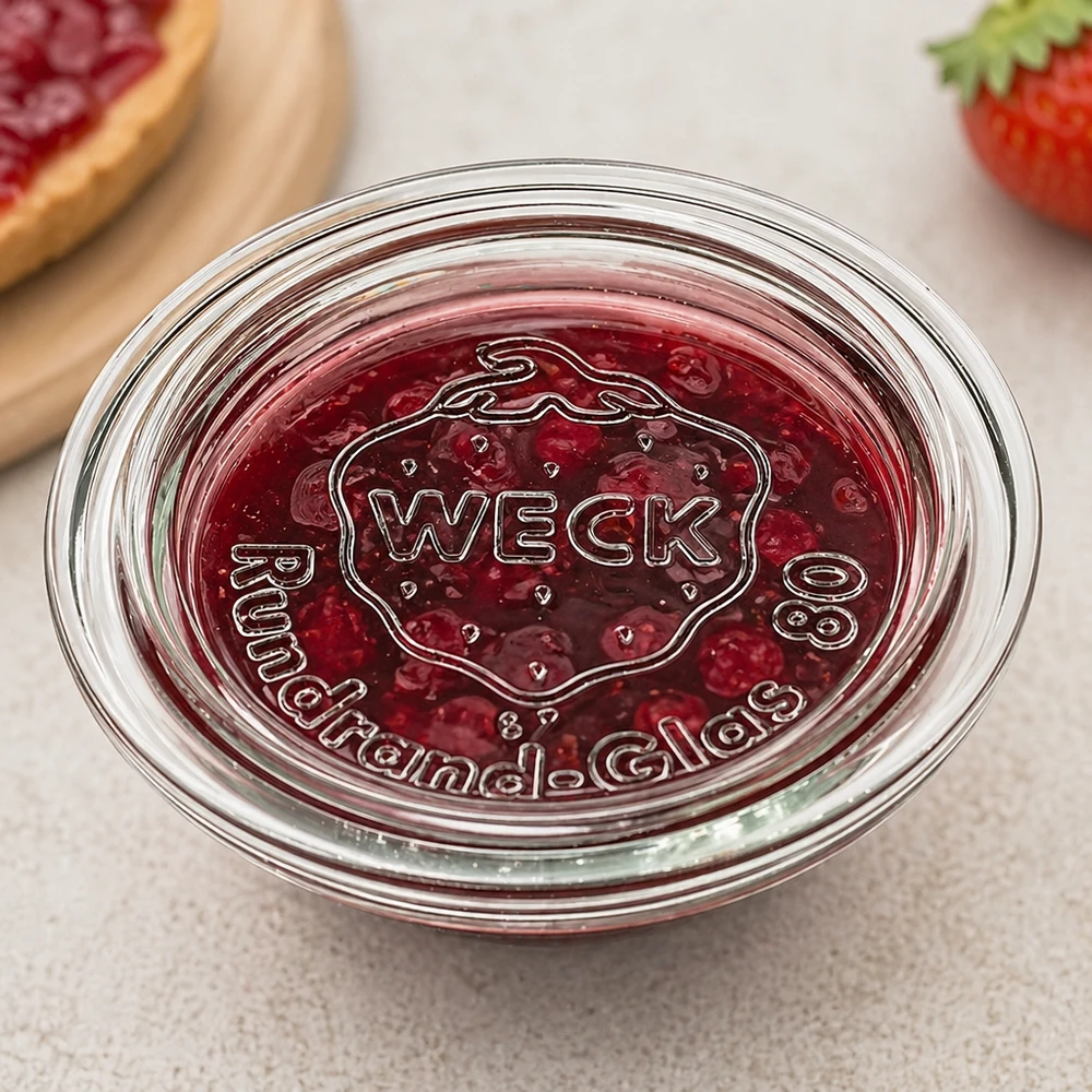 WECK glazen deksel RR80 WECK Glasdeckel RR80 mit Marmelade befüllt zeigt praktische Verwendung als Schale für Konfitüre und Aufstriche