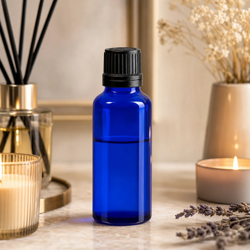Blauwe glazen flessen 30ml met zwart druppelsluiting 1mm VR Donkerblauw apothekersglasflesje van 30 ml met verzegeling voor natuurlijke cosmetica