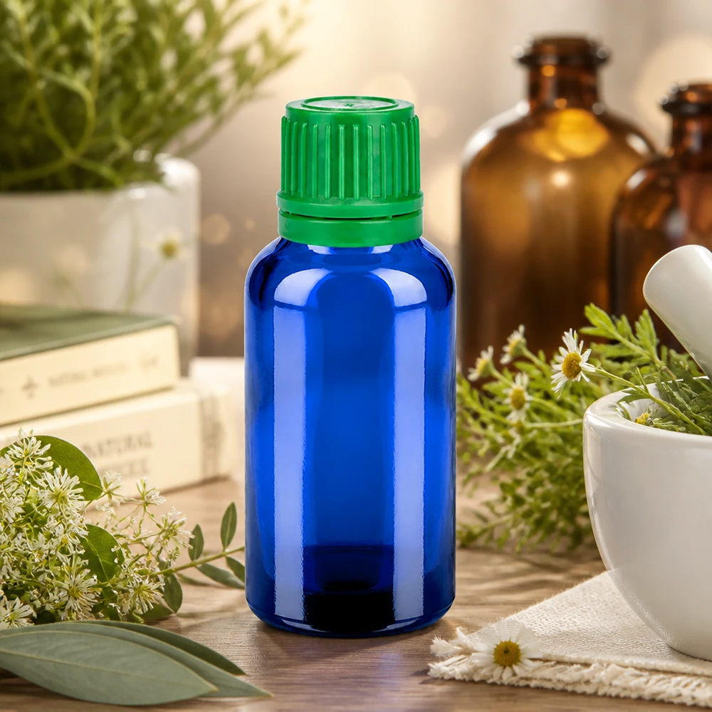 30ml flacon 11mm SV groen OV BlueLine UT18/30 BlueLine 30ml flesje met robuust glazen materiaal en ergonomische groene dop