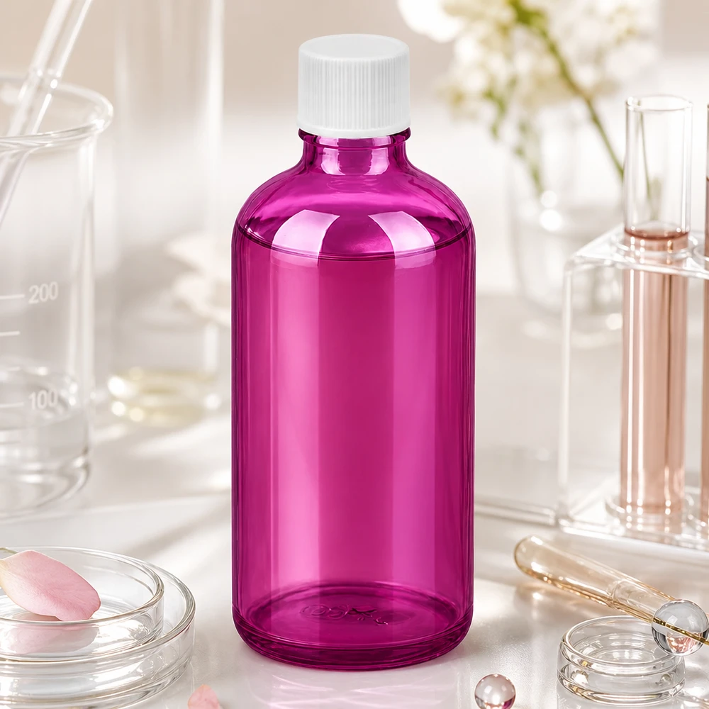 Paarse glazen fles 100ml met witte schroefdop voor stijlvolle productpresentatie