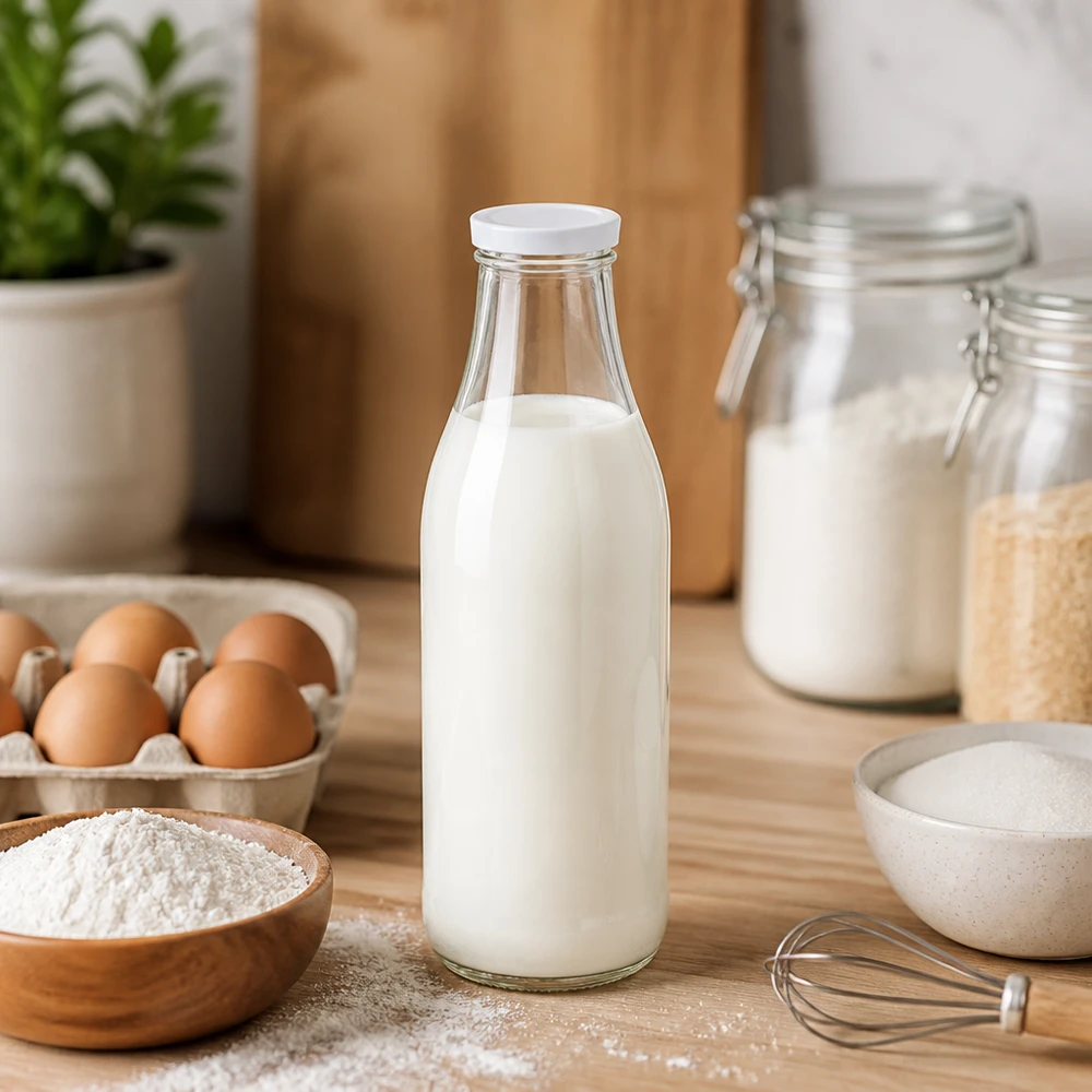 1000ml glazen fles gevuld met melk BasicSeal deksel wit Keuken decor Bak ingrediënten Eieren Meel Bewaarbus
