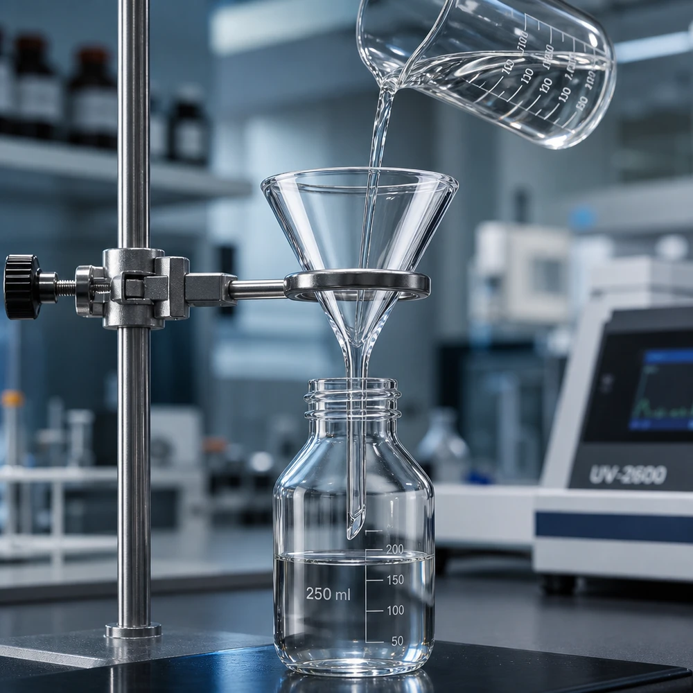 Compacte 40 mm laboratoriumtrechter van soda lime glas met ruimtebesparend kort handvat voor kleine werkruimtes