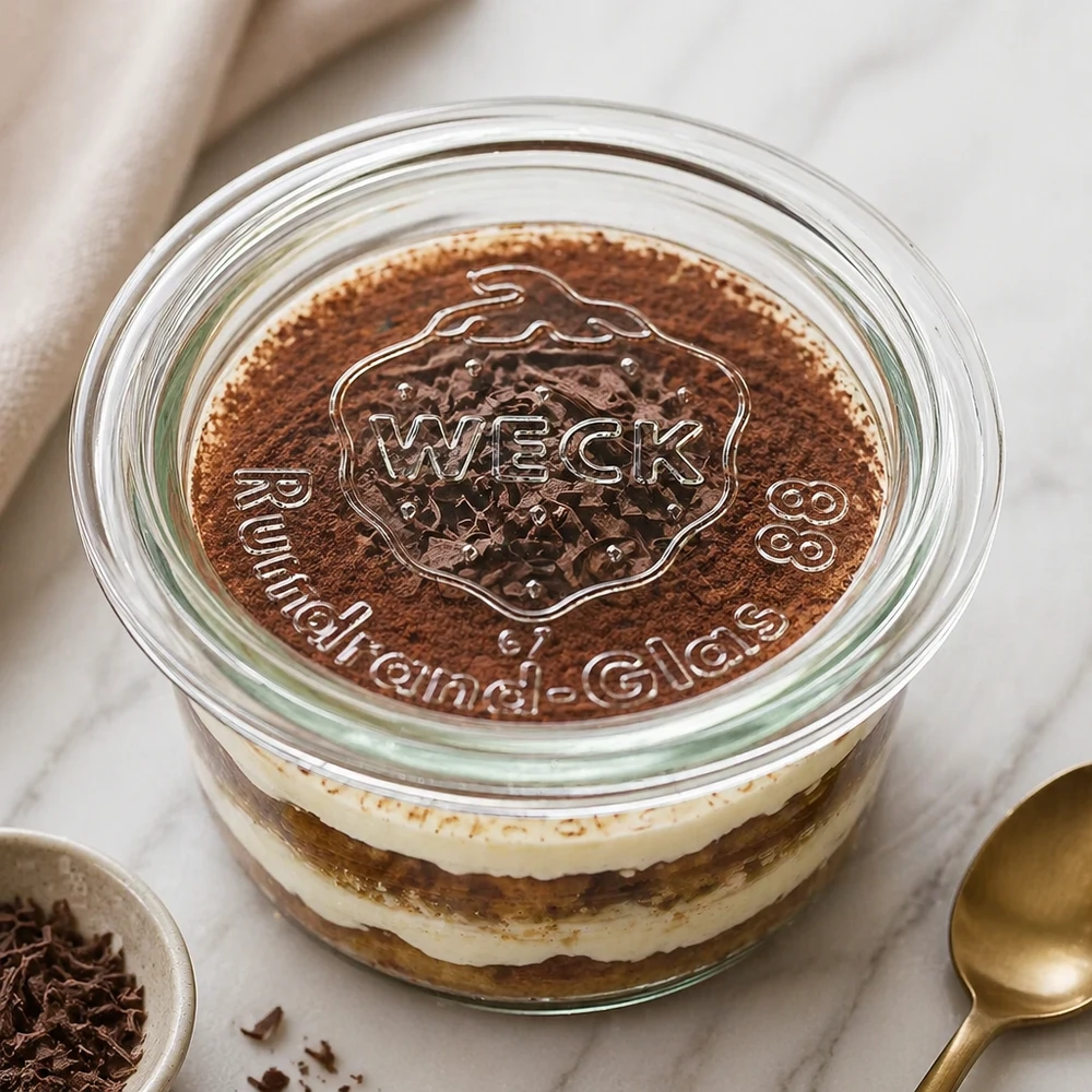 WECK glazen deksel RR80 WECK glazen deksel RR80 op tiramisu dessert in een Weck pot met reliëf logo en cacao bestrooiing als een keuken scène