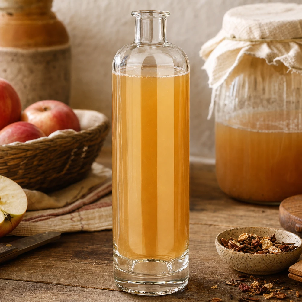 500 ml glazen fles Ella zonder sluiting UNiTWIST® 500ml glazen fles Ella UNiTWIST gevuld met appelsap naast verse appels en honing rustiek keukendecor