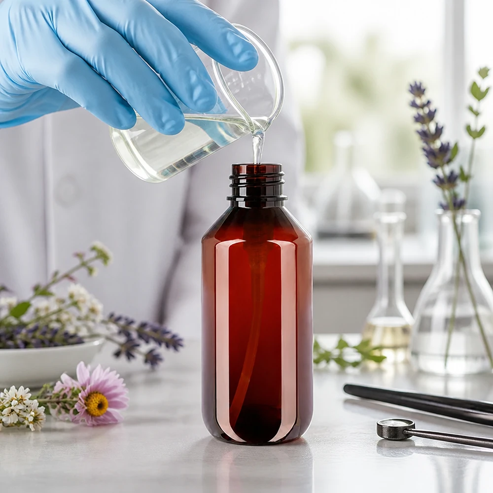 PET-fles 200ml met dispenserpomp zwart Transparante vulling van een bruine glazen fles van 200 ml met een zwarte pomp en kruidenextracten