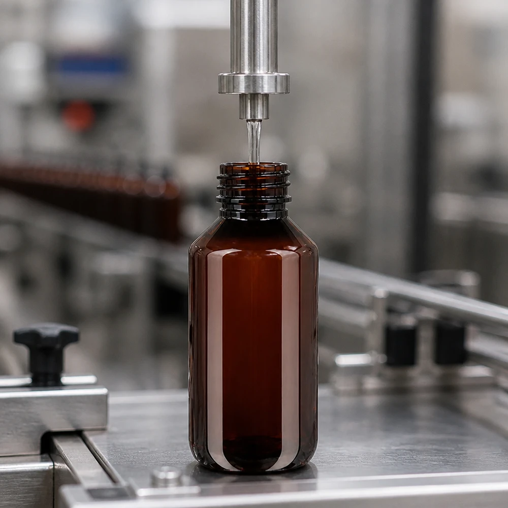 PET-fles 200ml met bruine dop Standaard Zylindrische braune PET Flasche 200ml wird in Abfüllmaschine mit Flüssigkeit gefüllt