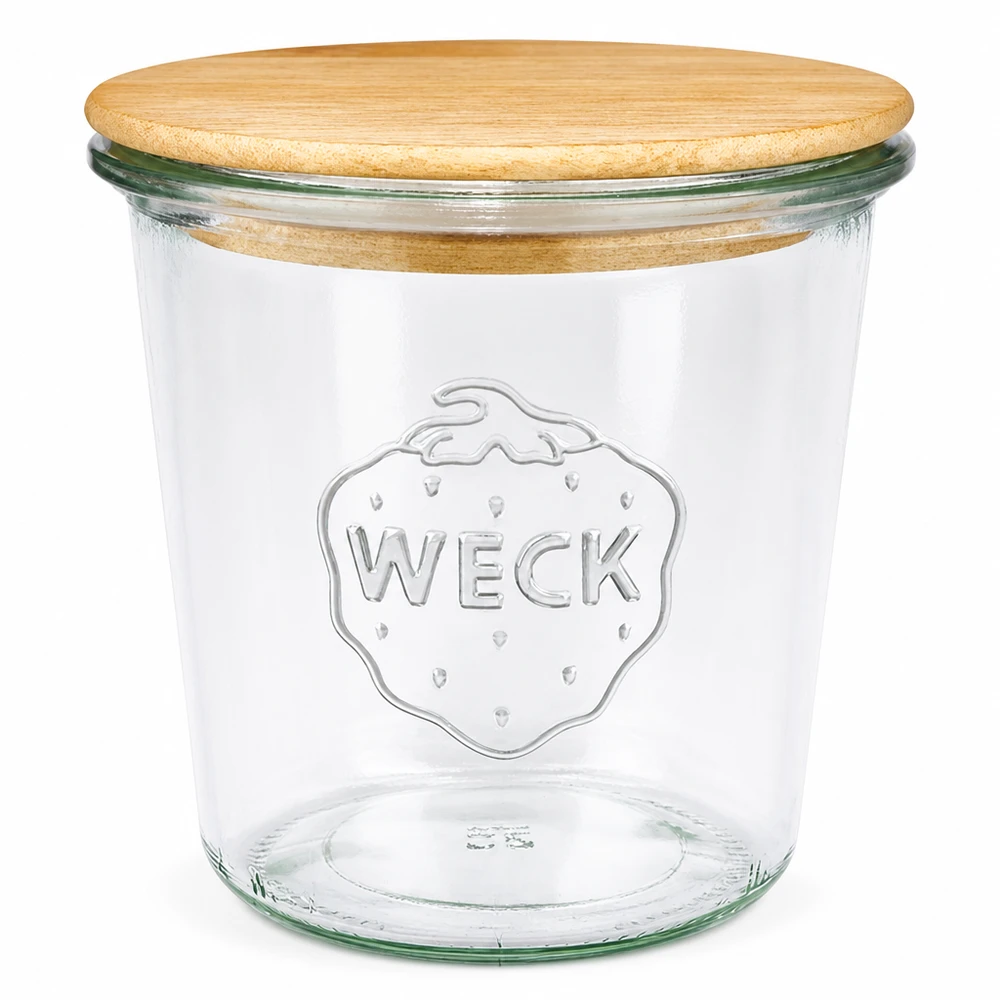 580ml stortglas WECK RR100 met hout deksel 580 ml WECK RR100 metselpot met natuurlijk houten deksel, transparante metselpot met logo in reliëf