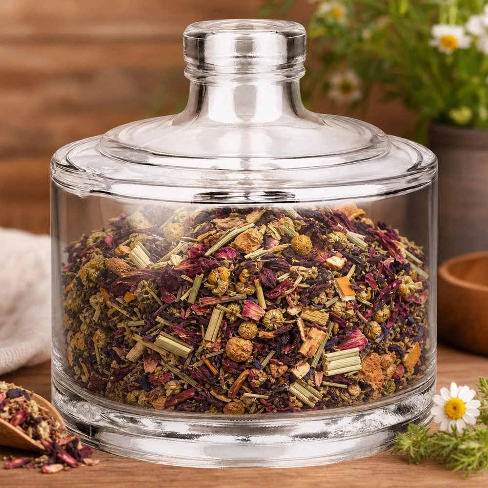 200ml Barbara glazen fles als stijlvolle opslag voor kruidenthee en gedroogde bloemen met glazen deksel