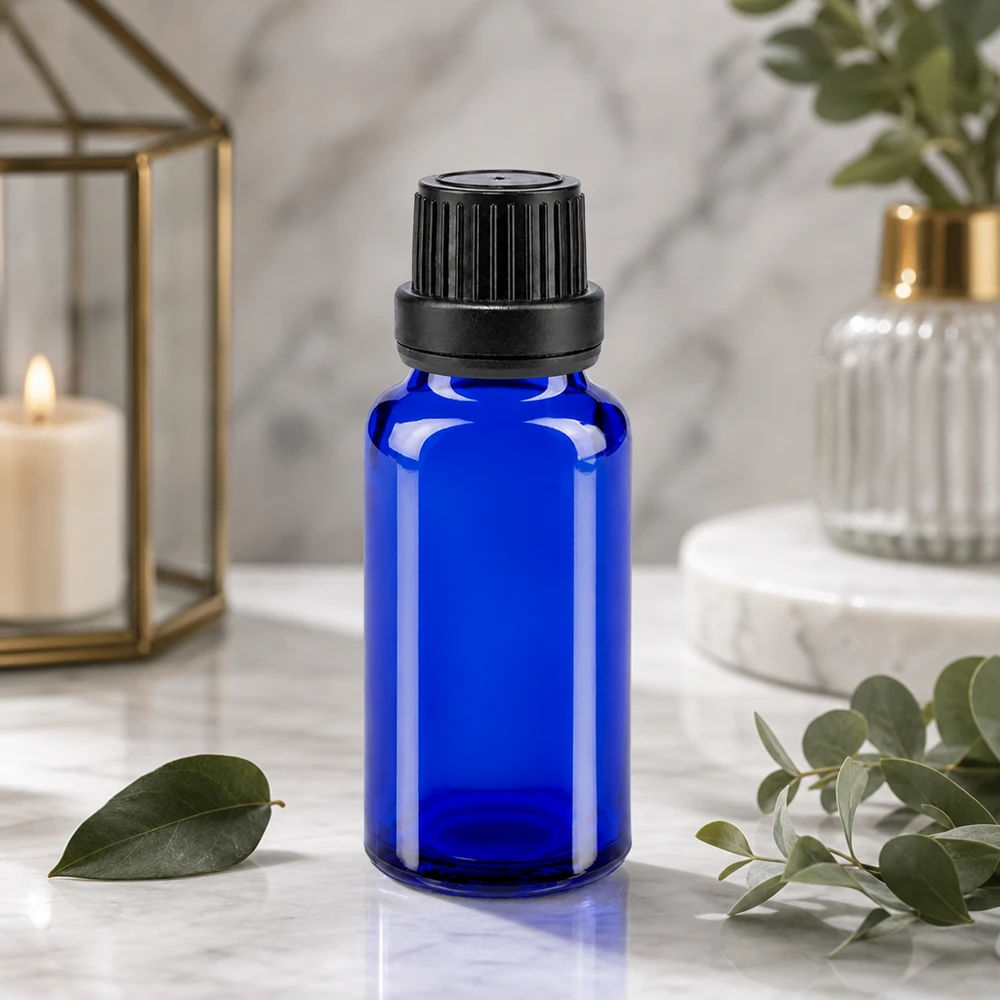 Farmaceutisch blauw glazen flesje van 20 ml met precisiedruppelaar en fraudebestendige sluiting