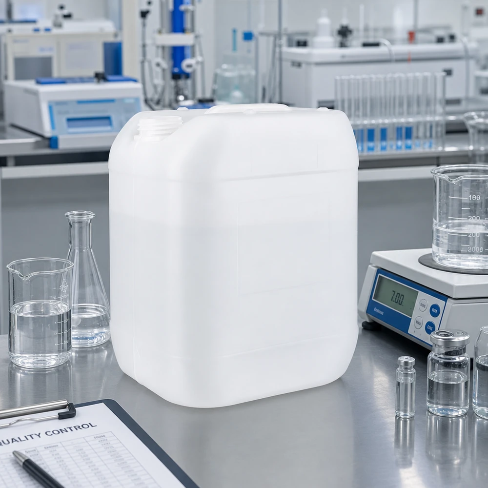 Oplosmiddelkan van 20 liter zonder deksel, ruimtebesparend op een roestvrijstalen tafel in het laboratorium
