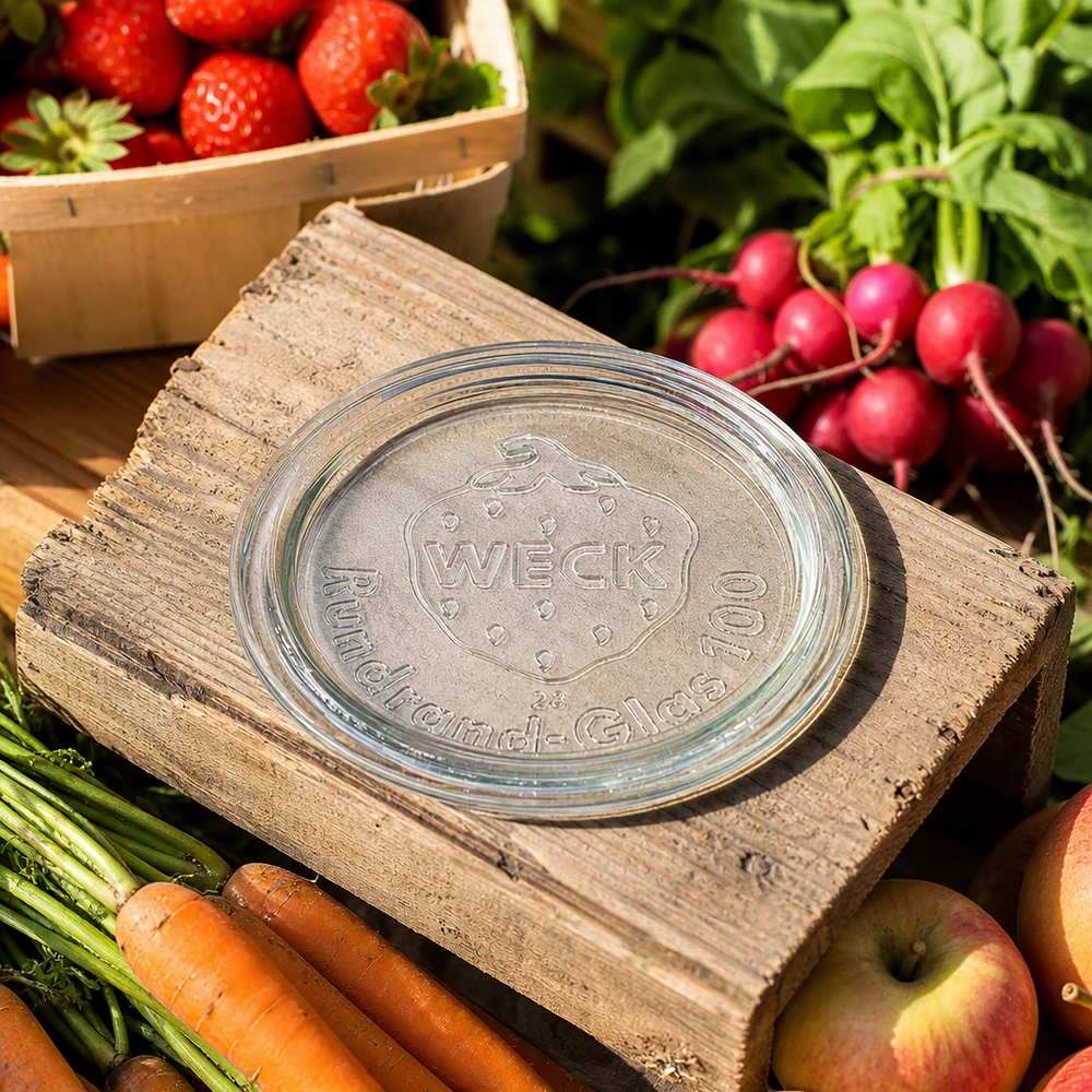 WECK glazen deksel RR100 op houten plank met verse groenten, fruit en aardbeien in een tuinsetting