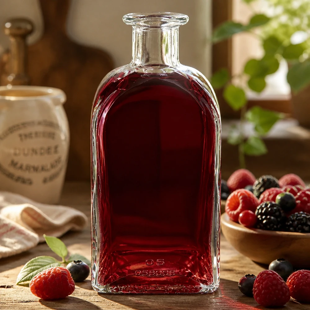 Glazen fles Julia 500ml gevuld met rode vloeistof omringd door bessen als decoratie op houten tafel