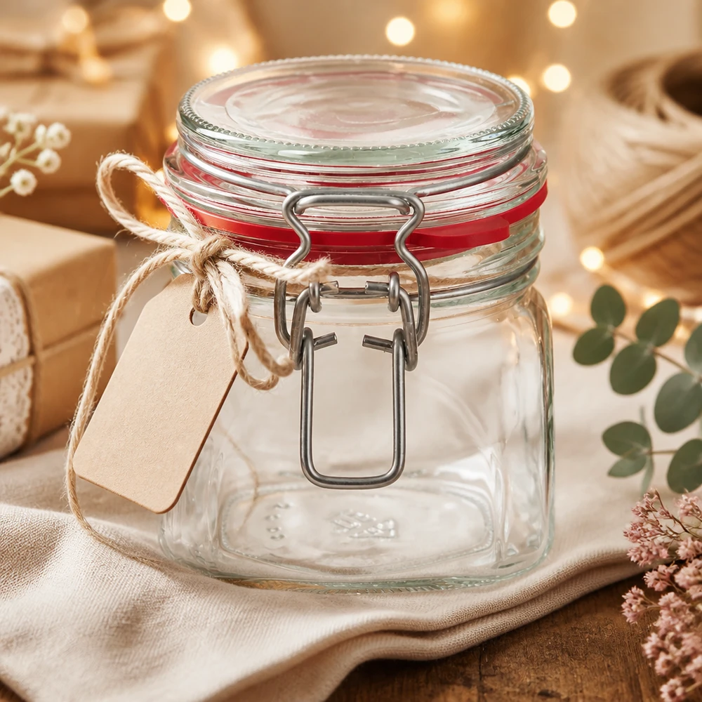 Compacte voorraadpot van 370 ml met metalen handvat en decoratief kraftpapier cadeaulabel