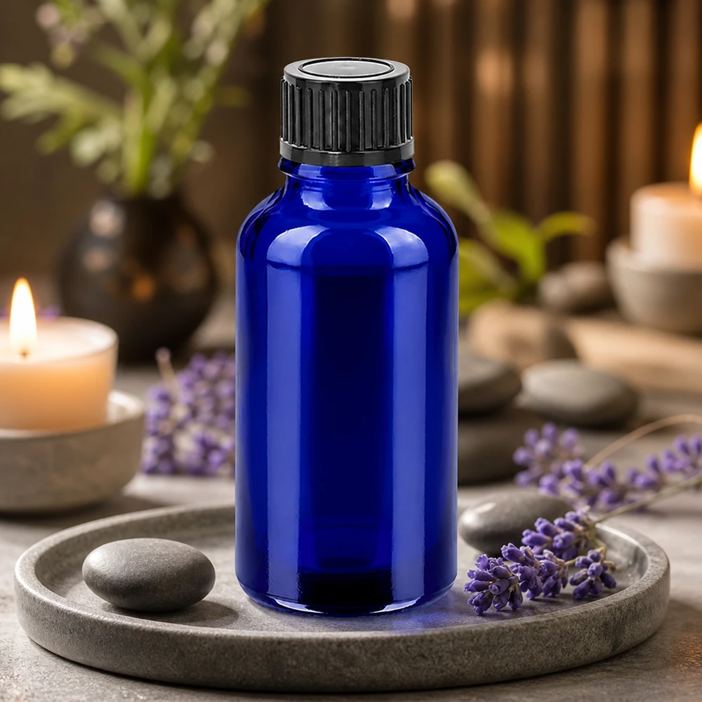 30ml premium glazen flesje in intens kobaltblauw voor het stijlvol bewaren van olie