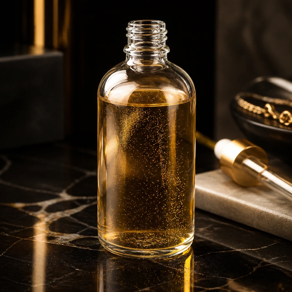 Doorzichtige glazen fles van 100 ml met gouden glitterolie op zwart marmer UNiTWIST ClearLine DIN18
