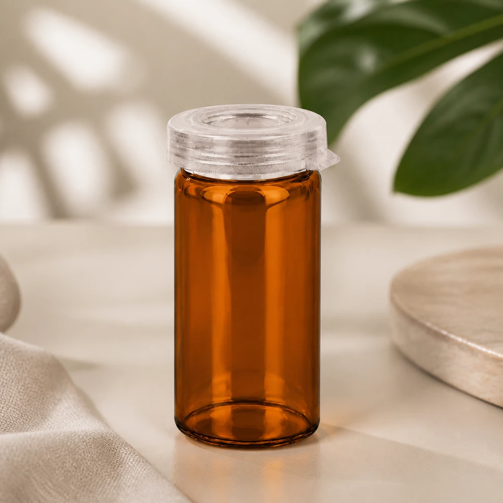 5ml tablettenglas helder glas incl. klikdeksel (rolrand glas) Lichtwerend glas 5 ml, amberkleurig, voor tabletten en capsules, met transparante kliksluiting
