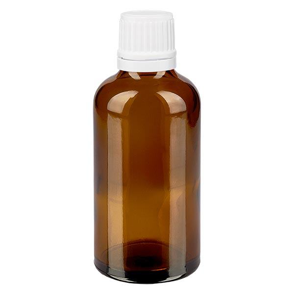 Bruine glazen fles 50ml met wit druppelsluiting 1.2mm VR Bruine glazen fles 50ml met wit druppelsluiting 1.2mm VR
