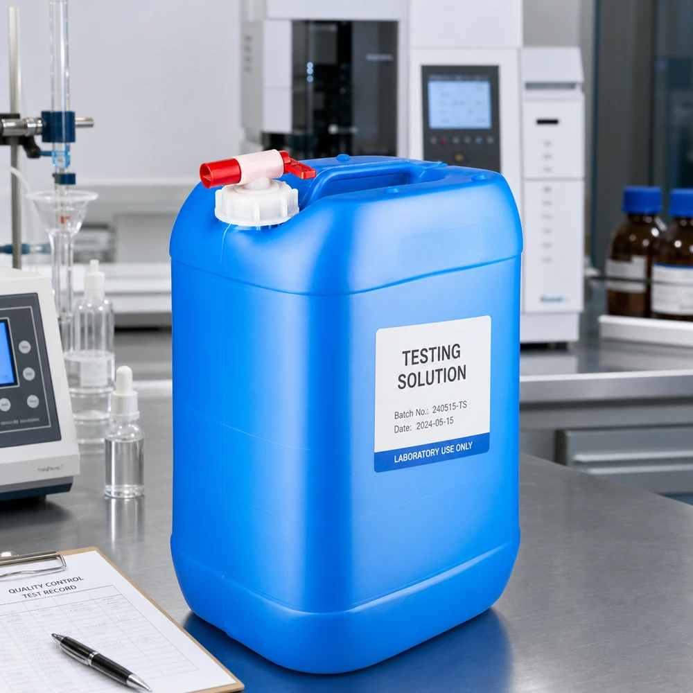 Blauwe voorraadcontainer van 25 liter met aftapkraan voor de professionele opslag van testoplossingen