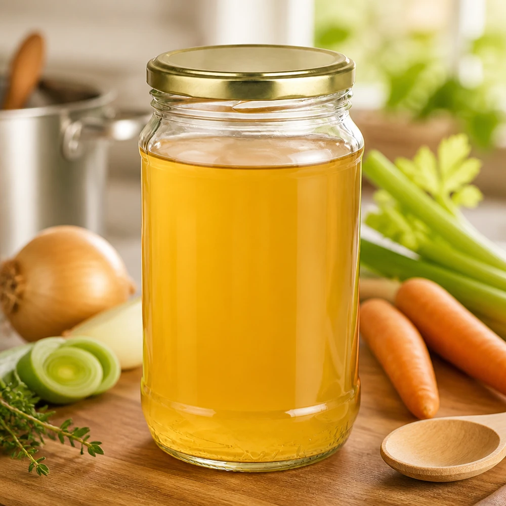 Rond glas van 370 ml + BasicSeal goud UNiTWIST Doorzichtig rond glazen potje UNiTWIST van 370 ml met gouden deksel, ideaal voor het bewaren van bouillon