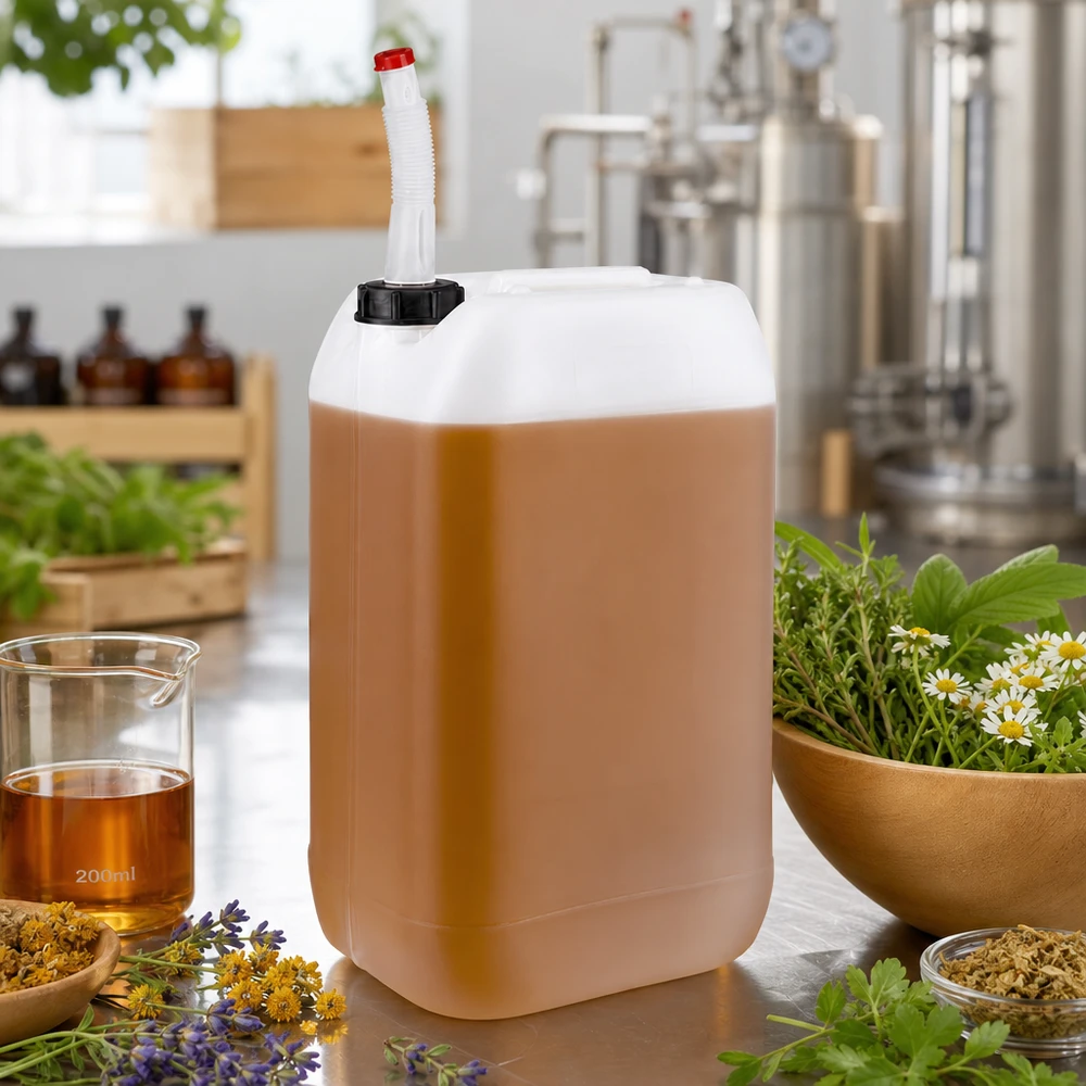 Kruidenextract-jerrycan van 15 liter met flexibele slang in een professionele distilleeromgeving