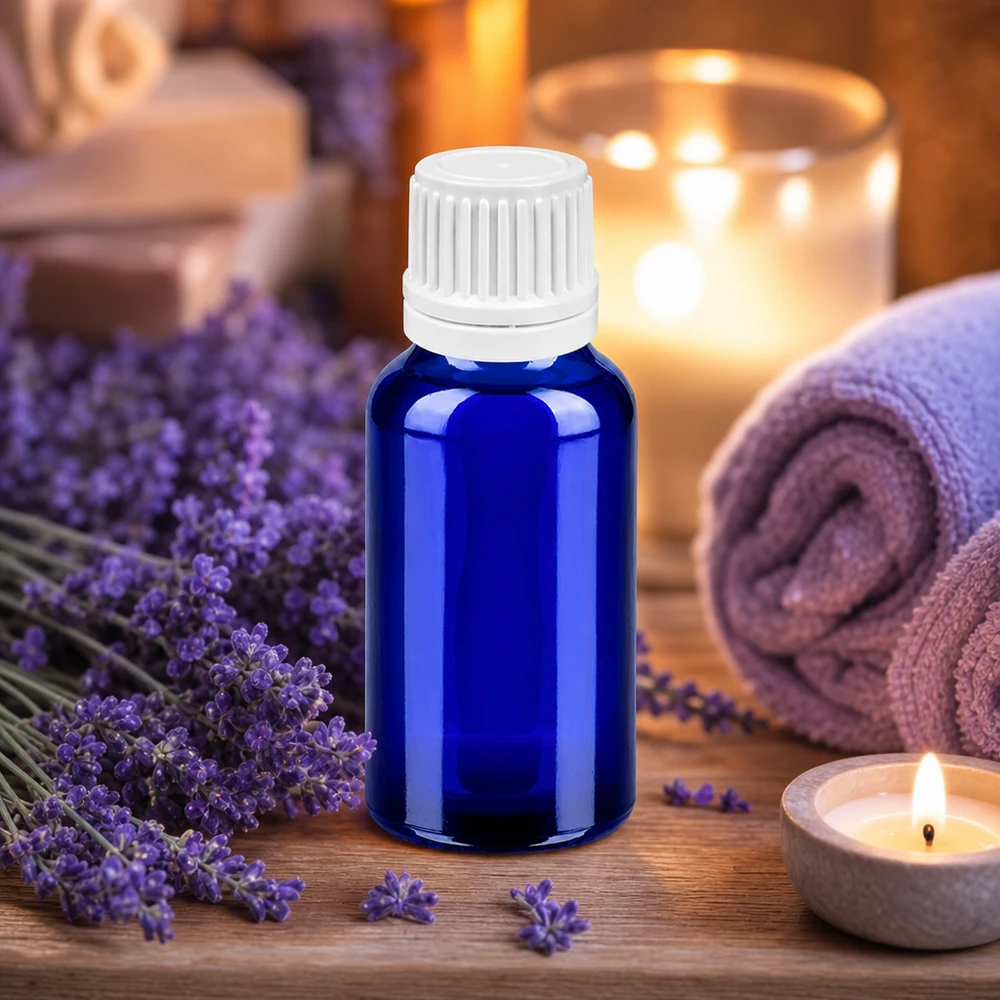 20ml BlueLine druppelflesje met witte OV-dop voor essentiële oliën en cosmetica