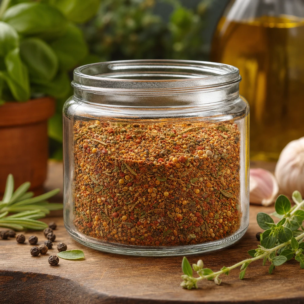 Glazen pot 250ml helder gevuld met kruidenmix omringd door verse kruiden knoflook en olijfolie Keuken decoratie