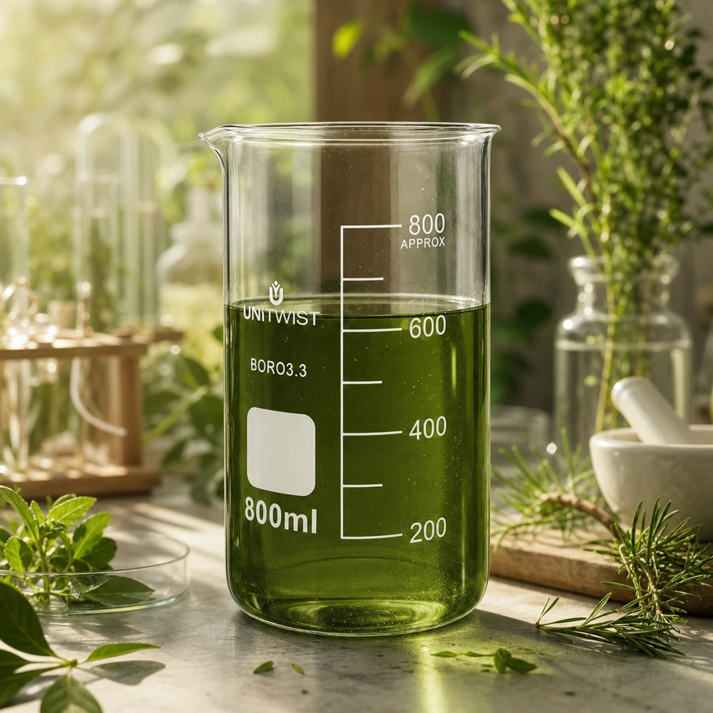 Doorzichtig bekerglas 800 ml UNITWIST borosilicaat, gevuld met groene natuurextracten van kruiden