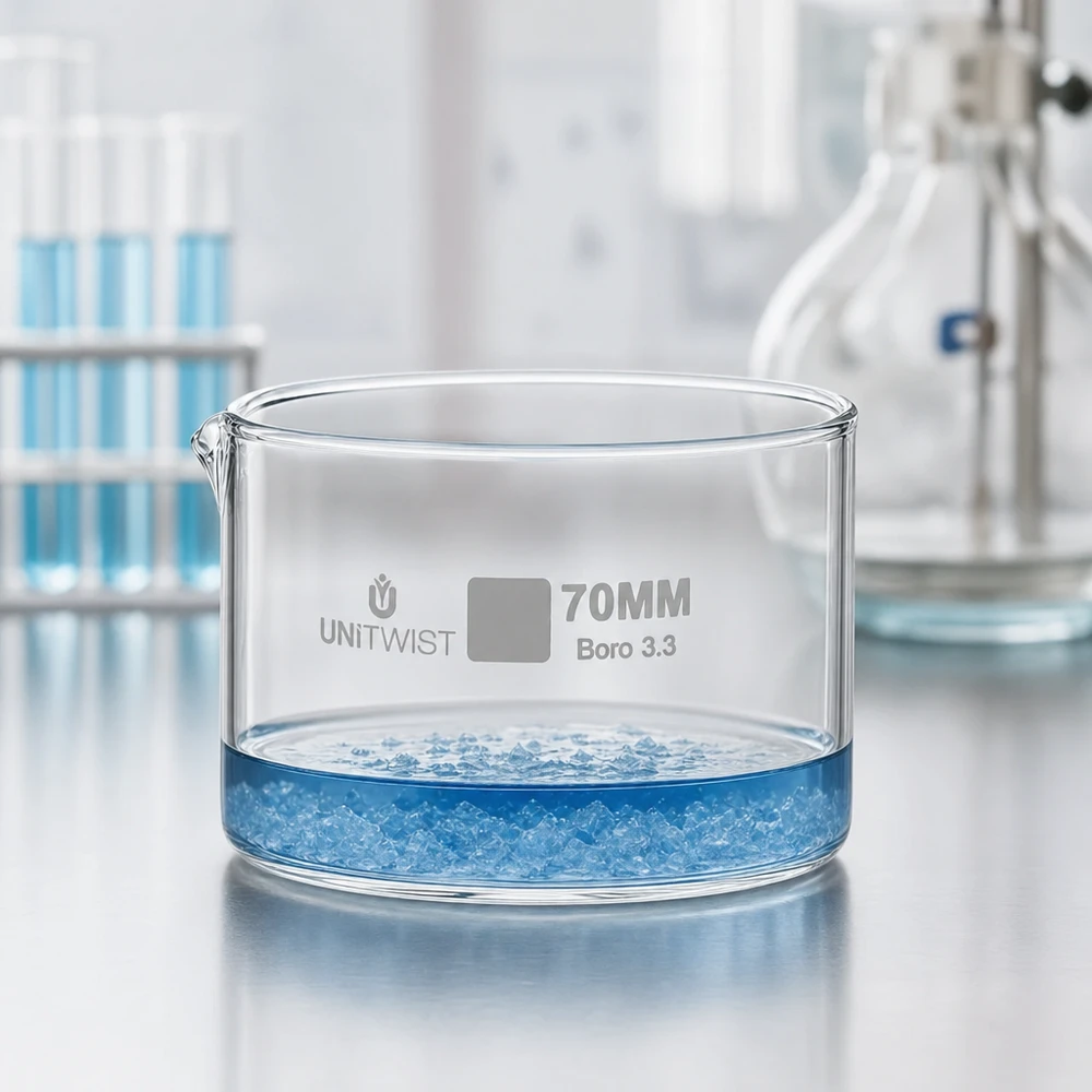 Lage kristallisatieschaal 70 mm UNiTWIST borosilicaatglas met gegraveerde opschrift