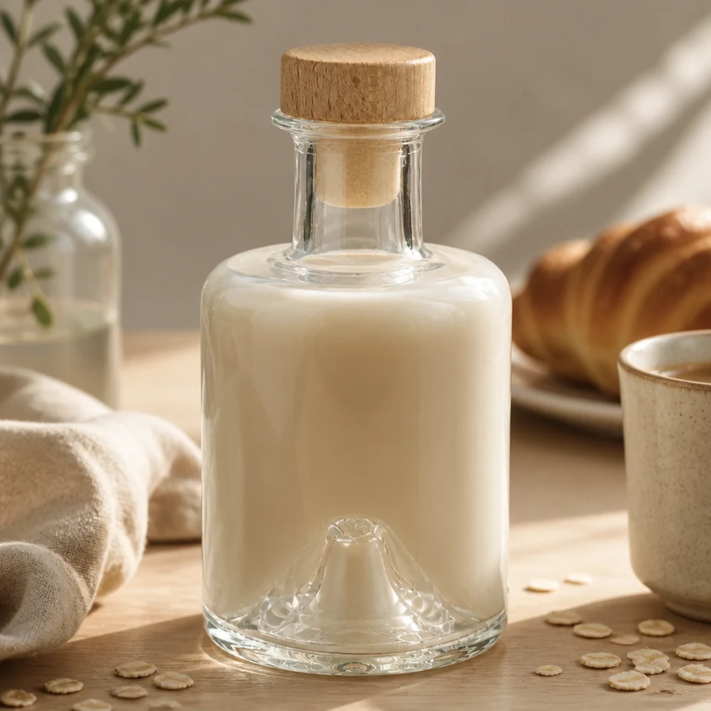 200ml Sofia glazen fles met houten kurk gevuld met romige havermelk in een natuurlijke keukensfeer met havervlokken