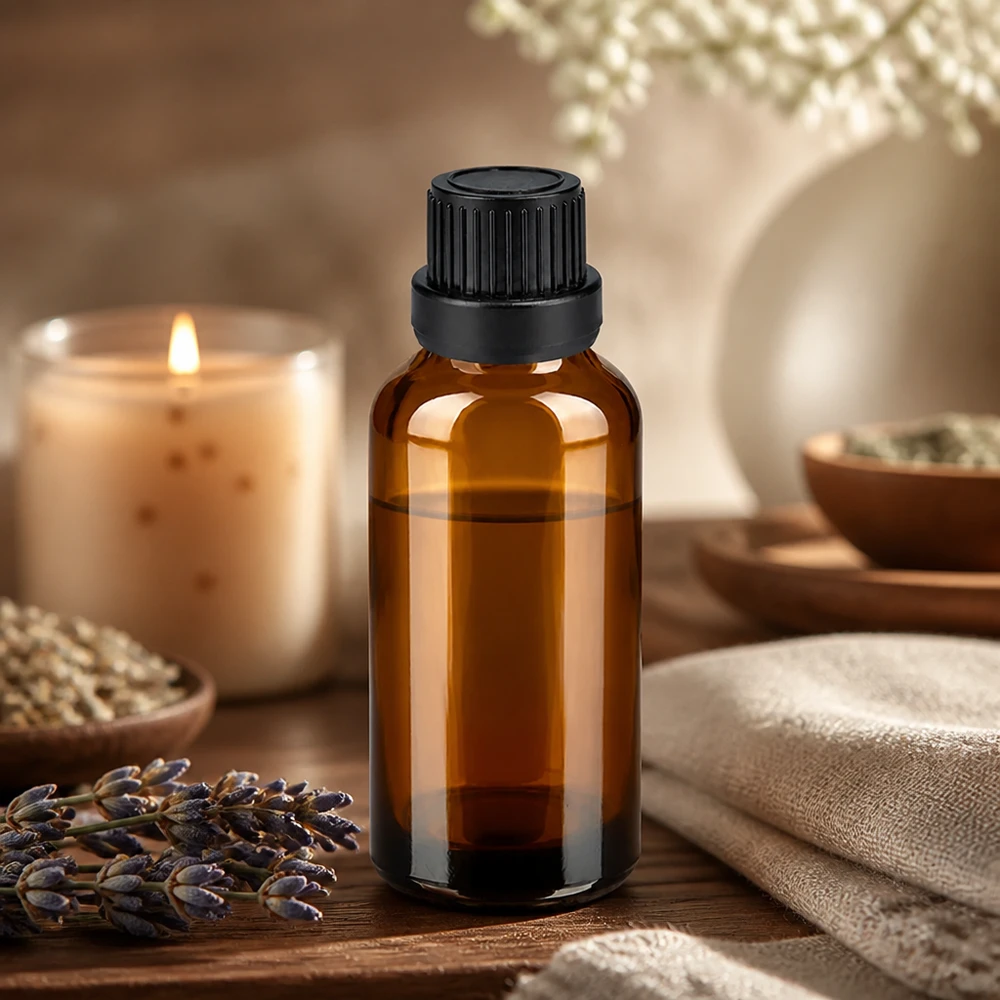 Premium amberkleurig glazen flesje van 30 ml met mat oppervlak voor een stijlvolle productpresentatie