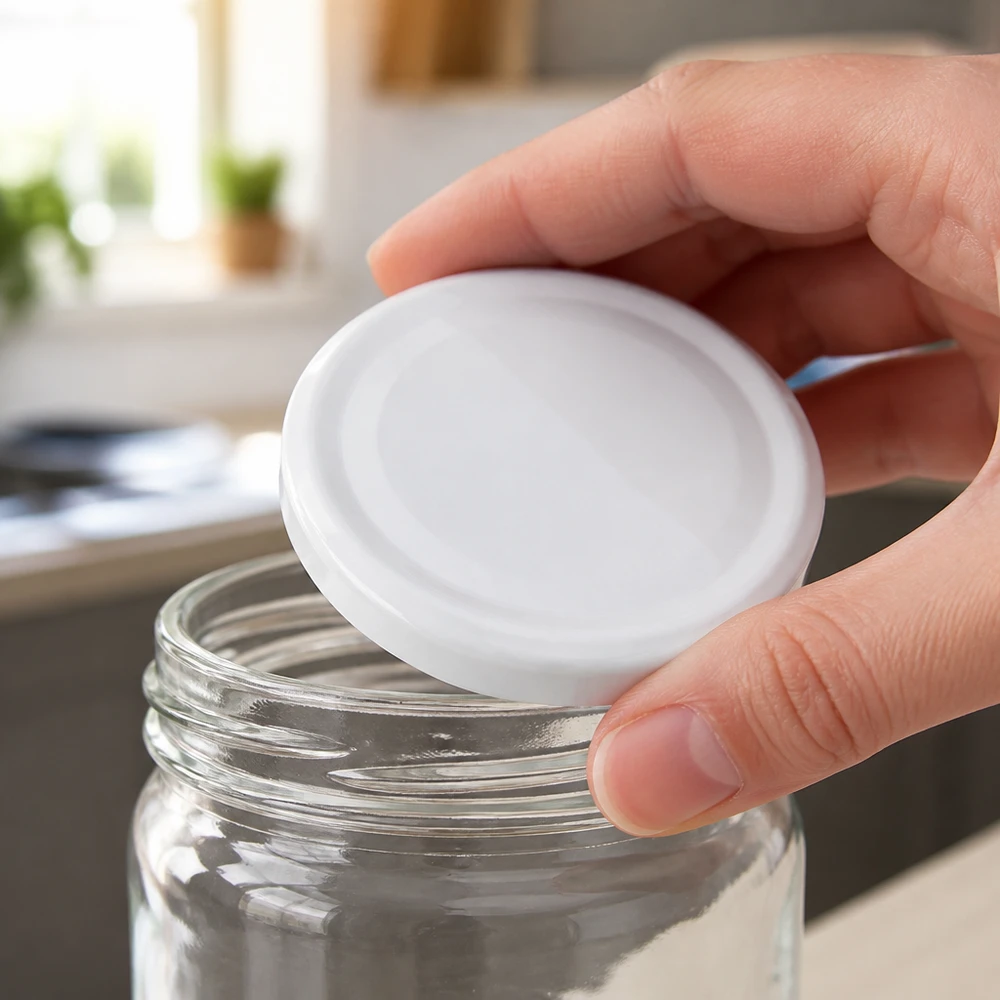 48 mm BasicSeal-deksel, wit (TO48) UNiTWIST Keukenachtergrond: een rond wit TO48-deksel wordt met de hand op een leeg schroefdekselglas geplaatst