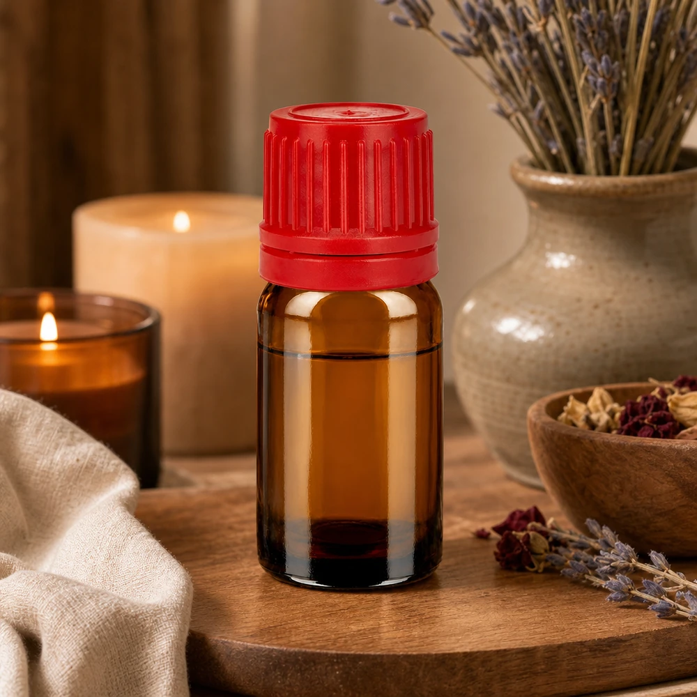Compact bruin flesje van 5 ml met 11 mm schroefdraad en rode schroefdop voor nauwkeurig doseren